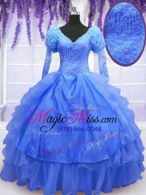 Colorful One Shoulder Long Sleeves Lace Up 15th Birthday Dress Blue Organza