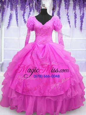 Most Popular Hot Pink Ball Gowns Organza V-neck Long Sleeves Beading and Embroidery and Hand Made Flower Floor Length Lace Up Sweet 16 Dress