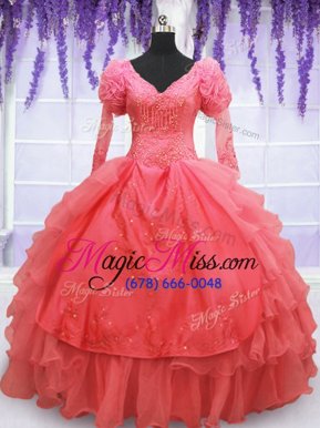 Smart Long Sleeves Floor Length Beading and Embroidery Lace Up Quinceanera Gowns with Coral Red