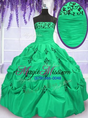Fine Ball Gowns Strapless Sleeveless Taffeta Floor Length Lace Up Embroidery and Pick Ups Quince Ball Gowns