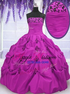 Extravagant Fuchsia Quinceanera Dress Military Ball and Sweet 16 and Quinceanera and For with Embroidery and Pick Ups Strapless Sleeveless Lace Up