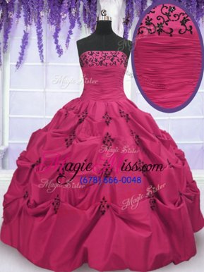 Flare Floor Length Lace Up Quinceanera Gowns Hot Pink and In for Military Ball and Sweet 16 and Quinceanera with Embroidery and Pick Ups