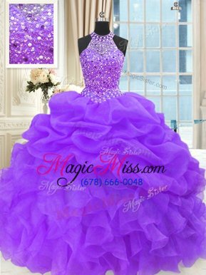 Top Selling Purple Ball Gowns High-neck Sleeveless Organza Floor Length Lace Up Beading and Pick Ups 15th Birthday Dress