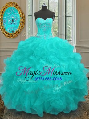 Amazing Sweetheart Sleeveless Quinceanera Dresses Floor Length Beading and Embroidery and Ruffles Aqua Blue Organza