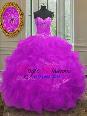 On Sale Sleeveless Floor Length Beading and Embroidery and Ruffles Lace Up Sweet 16 Dress with Purple