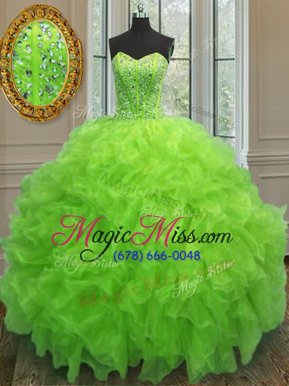 Beauteous Sweetheart Sleeveless 15 Quinceanera Dress Floor Length Beading and Ruffles Yellow Green Organza
