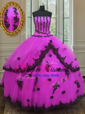 Fuchsia Sleeveless Floor Length Appliques Lace Up Quinceanera Gowns