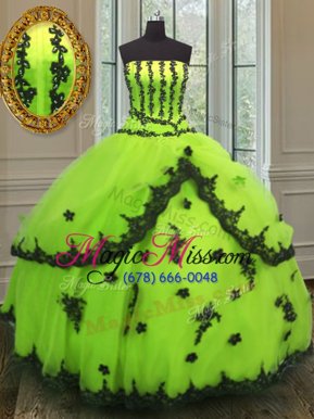 Graceful Sleeveless Tulle Floor Length Lace Up Quinceanera Dress in Yellow Green for with Appliques