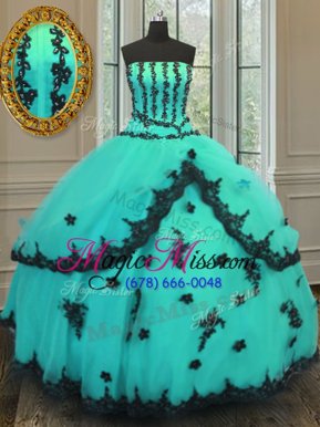 Customized Strapless Sleeveless Quinceanera Dress Floor Length Appliques Turquoise Tulle