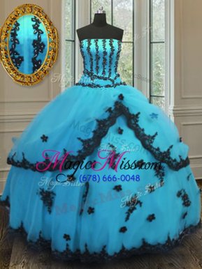 Glorious Sleeveless Floor Length Appliques Lace Up Vestidos de Quinceanera with Aqua Blue