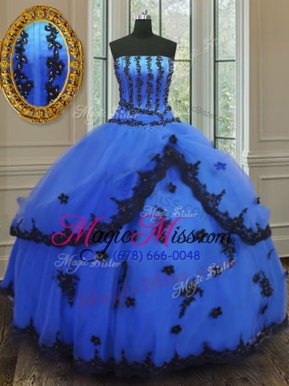 Gorgeous Blue Ball Gowns Appliques Sweet 16 Dresses Lace Up Tulle Sleeveless Floor Length