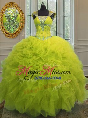 Clearance Straps Straps Sequins Yellow Green Cap Sleeves Organza Lace Up Quince Ball Gowns for Military Ball and Sweet 16 and Quinceanera