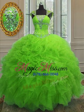 Shining Straps Neckline Beading and Ruffles and Sequins Sweet 16 Quinceanera Dress Cap Sleeves Lace Up