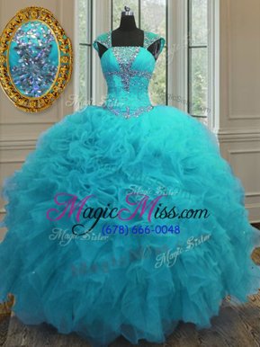 Luxurious Straps Straps Aqua Blue Lace Up 15th Birthday Dress Beading and Ruffles and Sequins Cap Sleeves Floor Length