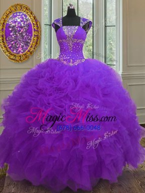 Captivating Straps Straps Floor Length Purple Ball Gown Prom Dress Organza Cap Sleeves Beading and Ruffles and Sequins