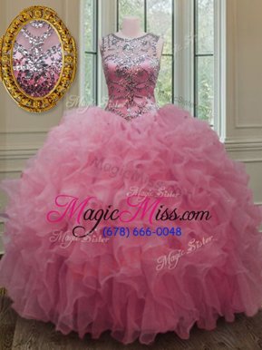 Chic Scoop Sleeveless Floor Length Beading and Ruffles Lace Up 15th Birthday Dress with Rose Pink