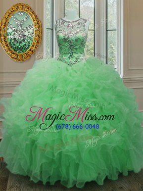 Colorful Scoop Green Organza Lace Up Quinceanera Gown Sleeveless Floor Length Beading and Ruffles