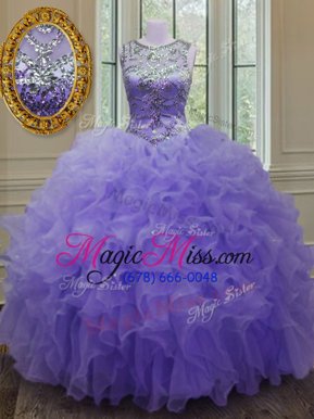 Simple Scoop Floor Length Lavender Quinceanera Gowns Organza Sleeveless Beading and Ruffles