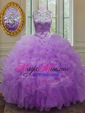 Super Lilac Lace Up Scoop Beading and Ruffles Sweet 16 Quinceanera Dress Organza Sleeveless