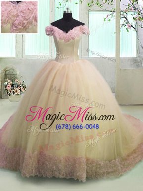 Top Selling Light Yellow Ball Gowns Organza Off The Shoulder Short Sleeves Hand Made Flower With Train Lace Up Ball Gown Prom Dress Court Train