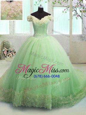 Wonderful Off the Shoulder Hand Made Flower Quinceanera Dress Yellow Green Lace Up Short Sleeves With Train Court Train