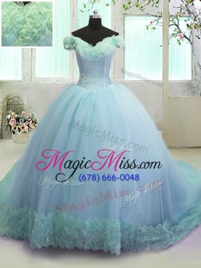 Dramatic Off the Shoulder Sleeveless Court Train Hand Made Flower Lace Up 15th Birthday Dress