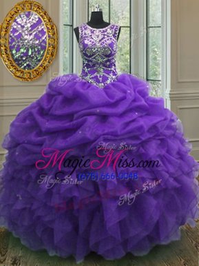 Adorable Scoop Pick Ups Purple Sleeveless Organza Lace Up Quinceanera Dress for Military Ball and Sweet 16 and Quinceanera