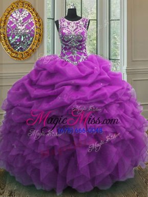 Flirting Scoop Purple Sleeveless Floor Length Beading and Ruffles and Pick Ups Lace Up Quince Ball Gowns