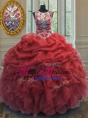 Sweet Scoop Coral Red Sleeveless Beading and Ruffles and Pick Ups Floor Length Sweet 16 Dress