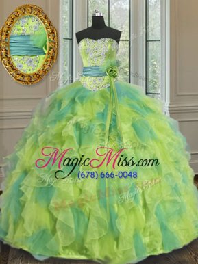 Sexy Sleeveless Floor Length Beading and Appliques and Ruffles and Sashes|ribbons and Hand Made Flower Lace Up Quinceanera Dresses with Multi-color