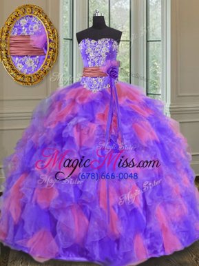 Modern Sleeveless Lace Up Floor Length Beading and Appliques and Ruffles and Sashes|ribbons and Hand Made Flower Quinceanera Dress