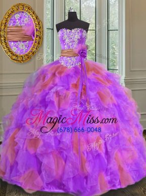Exceptional Multi-color Sleeveless Beading and Ruffles and Sashes|ribbons and Hand Made Flower Floor Length Quinceanera Gowns