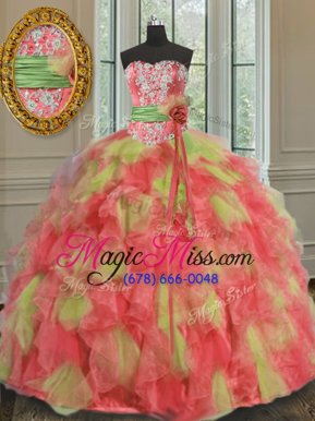 High End Multi-color Ball Gowns Organza Sweetheart Sleeveless Beading and Ruffles and Sashes|ribbons Floor Length Lace Up Sweet 16 Dresses