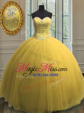 Hot Selling Yellow Ball Gowns Beading and Sequins Quinceanera Gowns Lace Up Tulle Sleeveless Floor Length