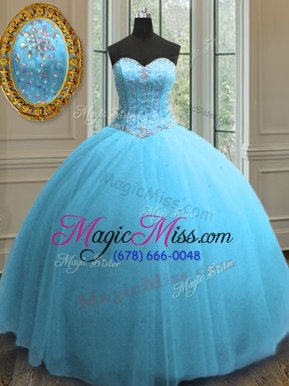 Discount Sequins Baby Blue Sleeveless Tulle Lace Up Vestidos de Quinceanera for Military Ball and Sweet 16 and Quinceanera