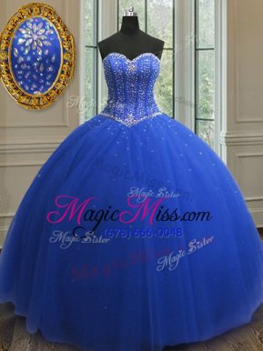 Perfect Royal Blue Ball Gowns Tulle Sweetheart Sleeveless Beading and Sequins Floor Length Lace Up Quinceanera Dress