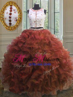 Clasp Handle Scoop Sleeveless Quinceanera Gown Floor Length Appliques and Ruffles Rust Red Organza