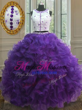 Fantastic Scoop Purple Ball Gowns Appliques Sweet 16 Dress Clasp Handle Organza Sleeveless Floor Length