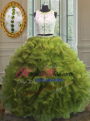 Modest Olive Green Scoop Neckline Appliques and Ruffles 15th Birthday Dress Sleeveless Clasp Handle