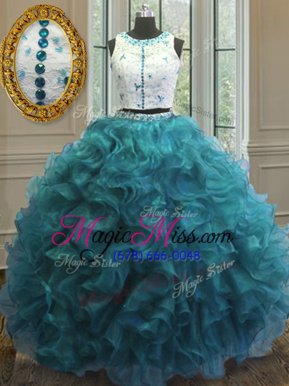 Beautiful Scoop Teal Clasp Handle 15 Quinceanera Dress Beading and Ruffles Sleeveless Floor Length