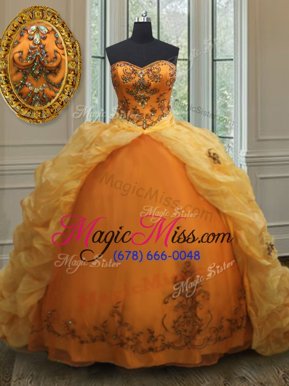 Customized Pick Ups Orange Sleeveless Organza Court Train Lace Up Quinceanera Gown for Military Ball and Sweet 16 and Quinceanera
