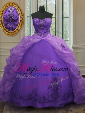 Custom Made Sleeveless Organza With Train Court Train Lace Up Sweet 16 Dresses in Purple for with Beading and Appliques and Pick Ups