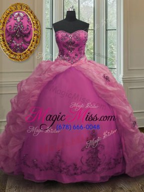 Ideal With Train Fuchsia Quinceanera Gowns Organza Court Train Sleeveless Beading and Appliques and Pick Ups