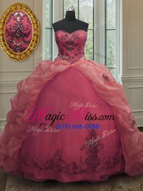 Sophisticated Sleeveless Court Train Lace Up With Train Beading and Appliques and Pick Ups Quince Ball Gowns