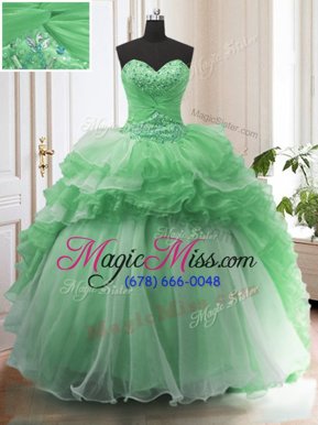 Green Sweet 16 Quinceanera Dress Military Ball and Sweet 16 and Quinceanera and For with Beading and Ruffled Layers Sweetheart Sleeveless Sweep Train Lace Up