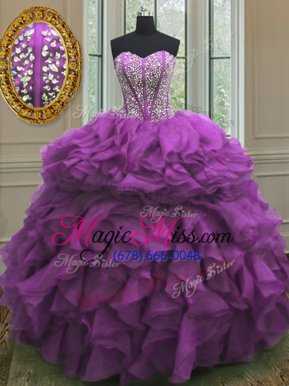 Charming Purple Ball Gowns Organza Sweetheart Sleeveless Beading and Ruffles Floor Length Lace Up Quinceanera Dresses