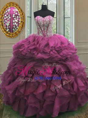 Attractive Fuchsia Sleeveless Floor Length Beading and Ruffles Lace Up Sweet 16 Dress