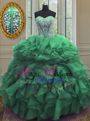 High Quality Green Sleeveless Organza Lace Up Sweet 16 Dress for Military Ball and Sweet 16 and Quinceanera