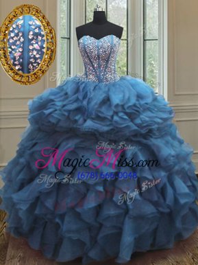 Fantastic Organza Sweetheart Sleeveless Lace Up Beading and Ruffles 15th Birthday Dress in Teal