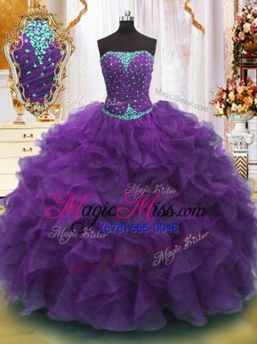 Purple Ball Gowns Beading and Ruffles Sweet 16 Dresses Lace Up Organza Sleeveless Floor Length